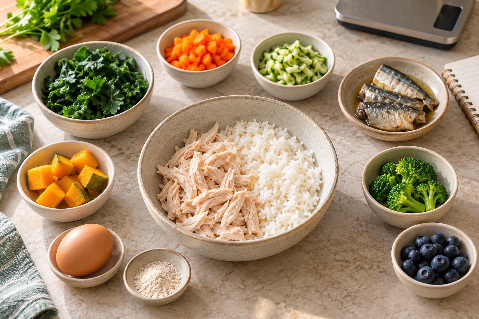 Plain chicken and rice bowl surrounded by separate foods used when formulating a varied homemade dog diet