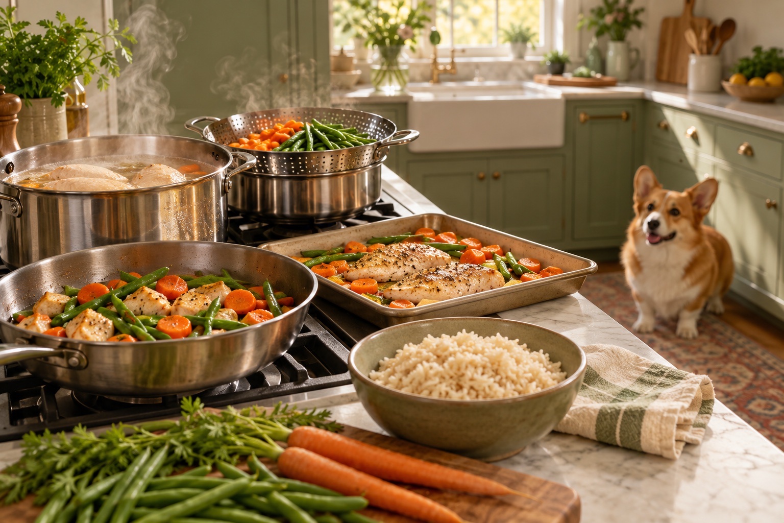 Chicken, rice and vegetables prepared with several cooking methods in a home kitchen