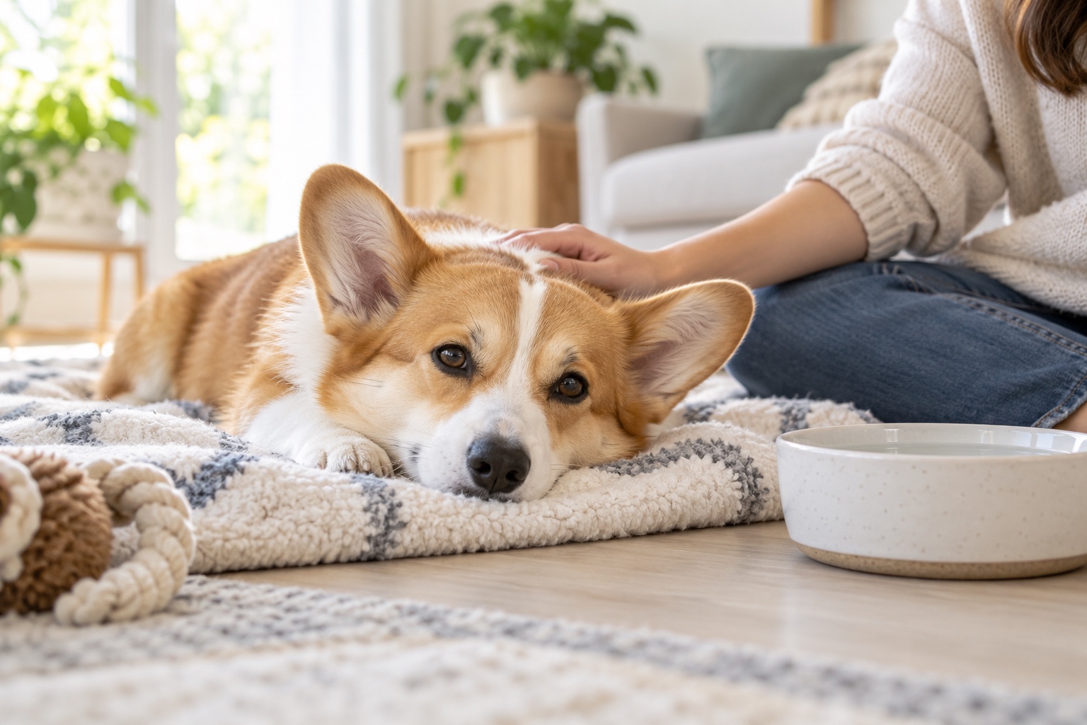 Tired but alert corgi resting near a bowl of water while its owner comforts it