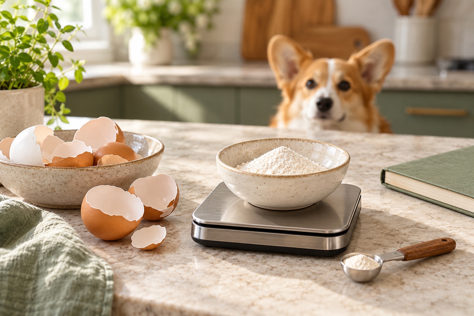 Finely ground eggshell powder weighed on a kitchen scale with clean eggshells and a corgi in the background