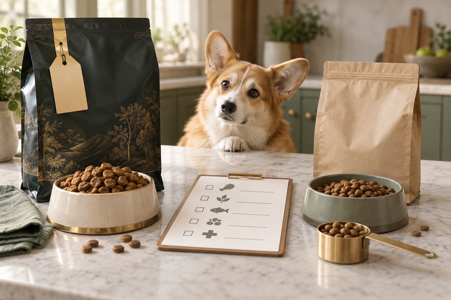 Two unbranded dog foods compared beside a nutrition checklist