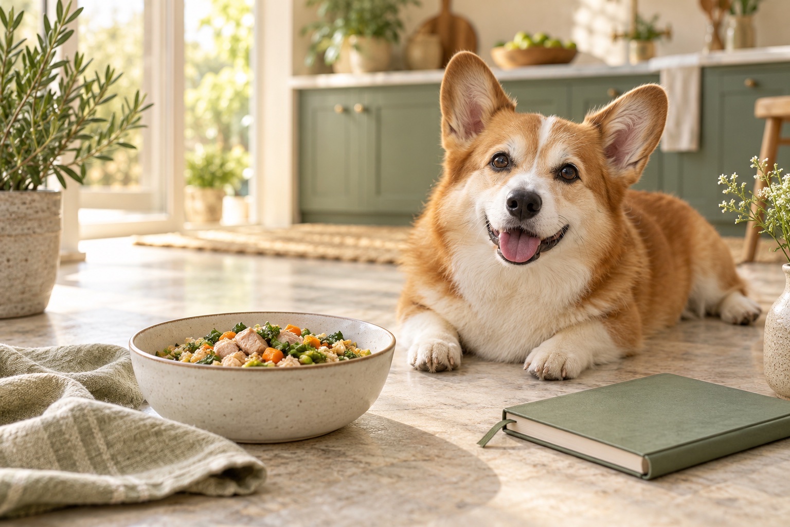 Healthy older corgi beside a freshly cooked meal in a bright kitchen