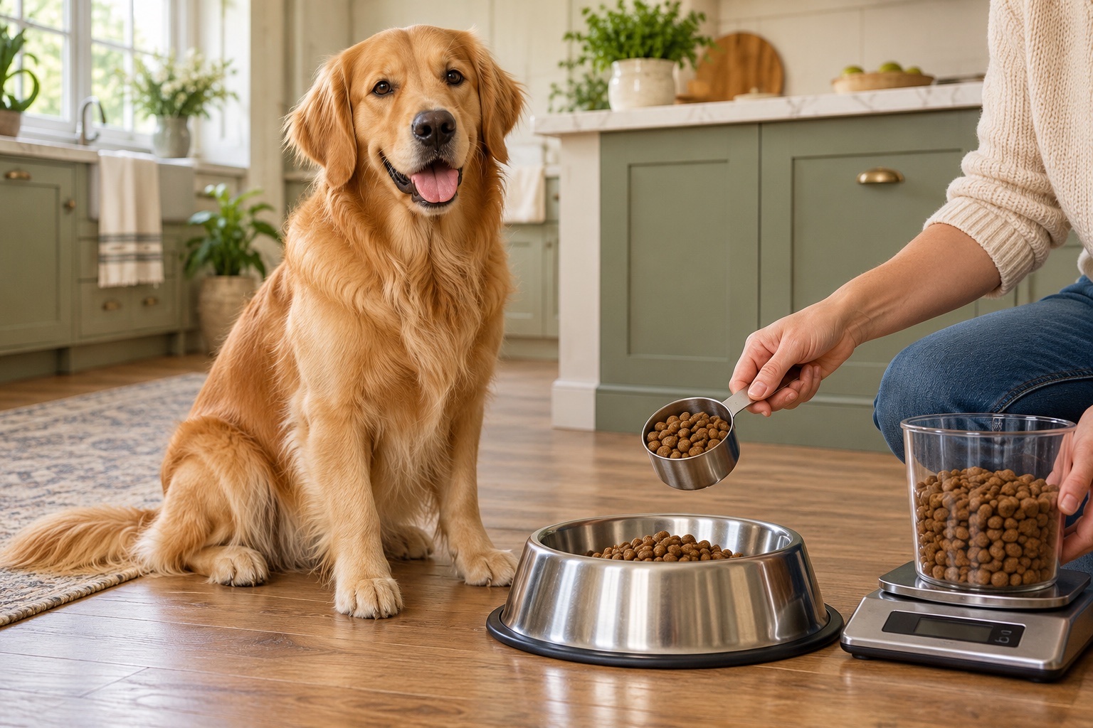 Golden Retriever waiting beside a carefully measured food bowl