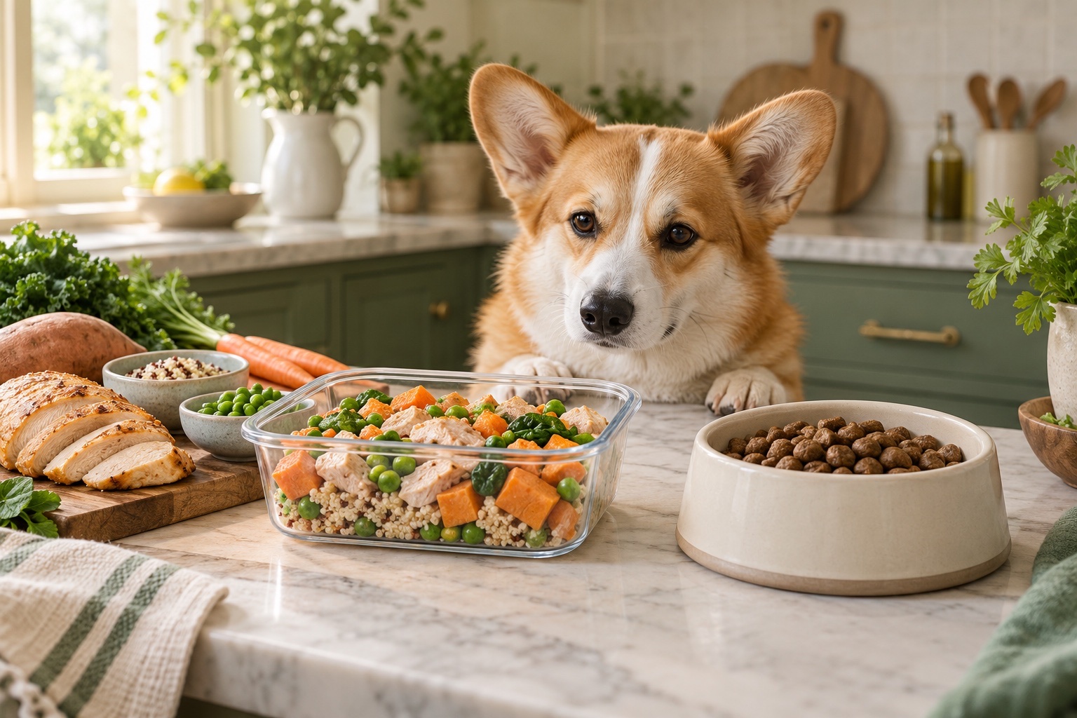 Fresh dog meal and dry dog food compared in a clean home kitchen