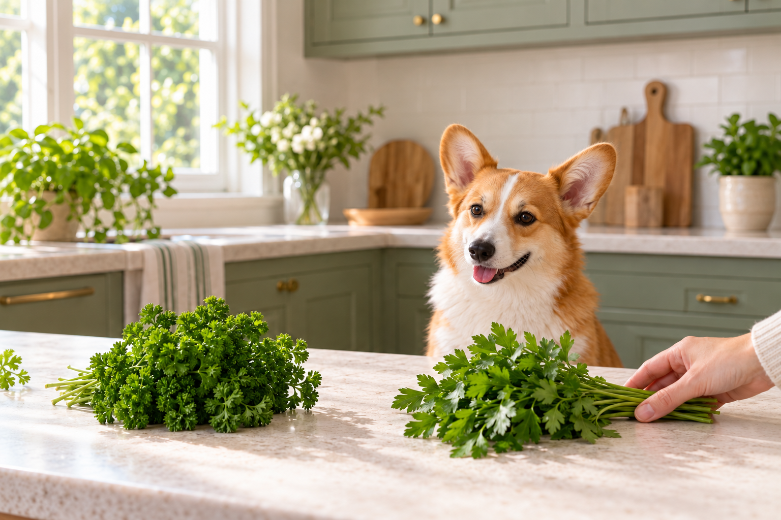 Corgi kept safely behind curly and flat-leaf parsley