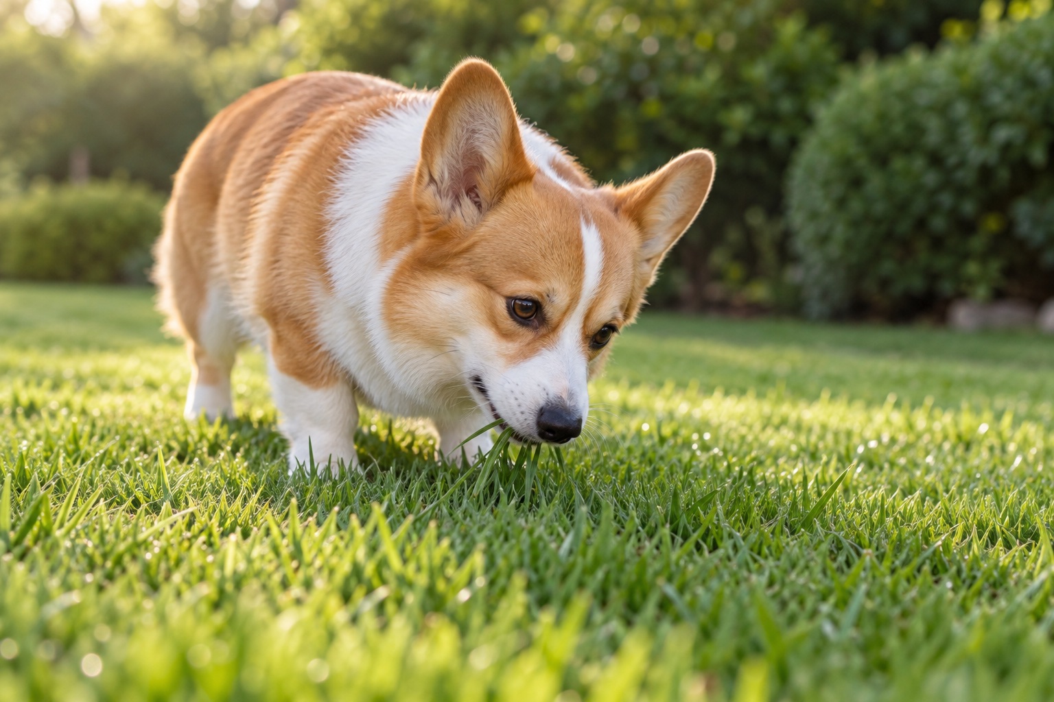 Healthy corgi gently nibbling grass on a clean lawn