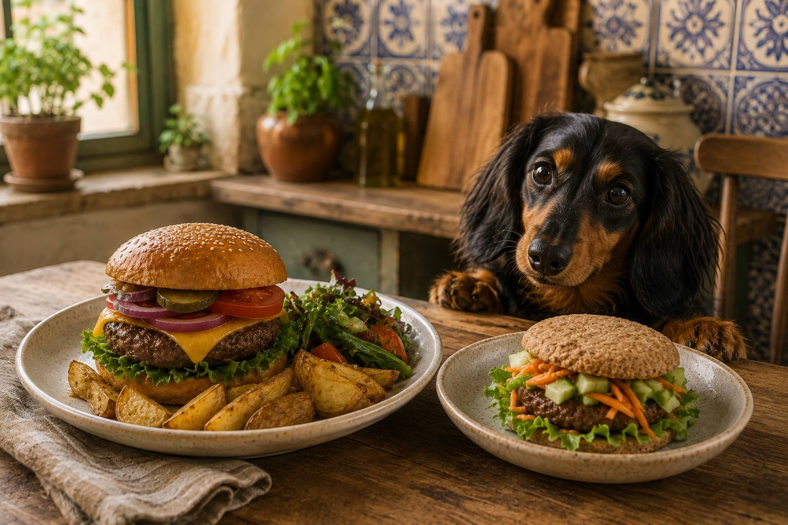 A freshly made burger on a dark wooden table