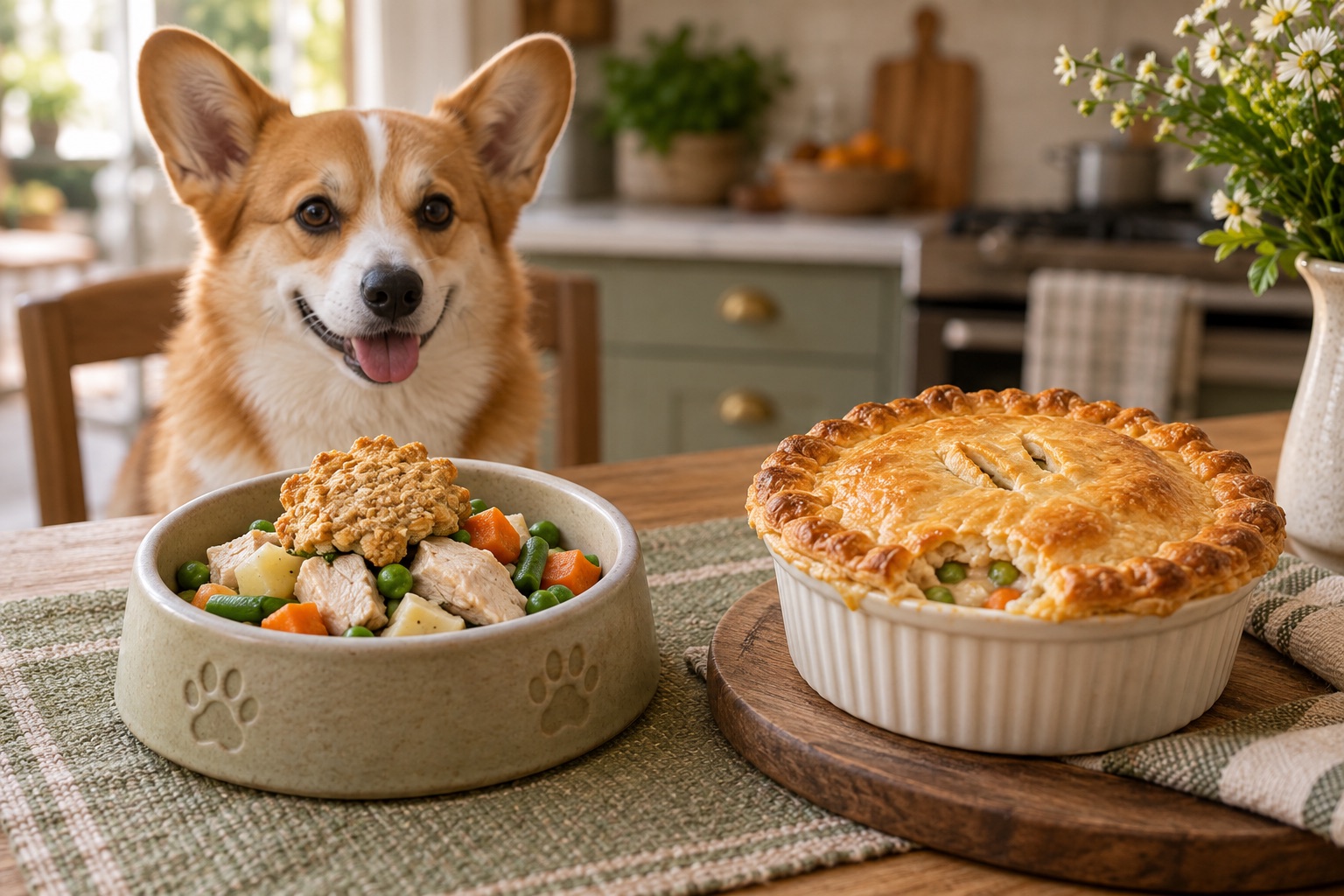 Dog-safe chicken and vegetable bowl beside a human chicken pot pie with a corgi