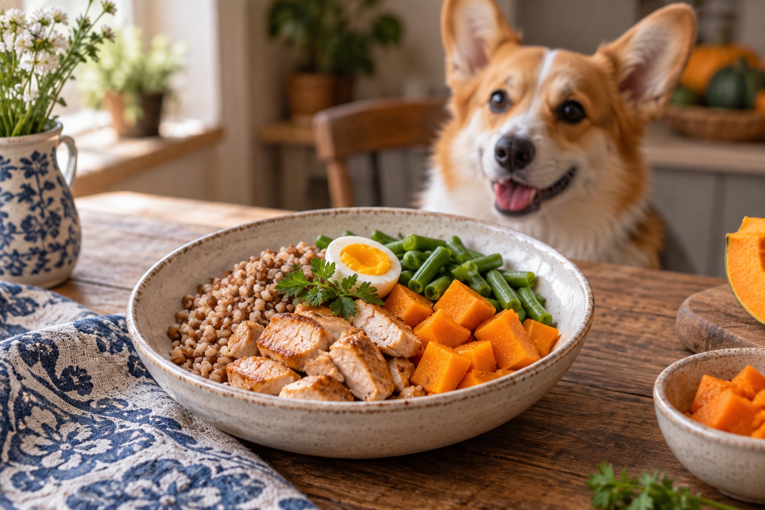 Georgian-inspired chicken, buckwheat, pumpkin and green bean bowl with a corgi