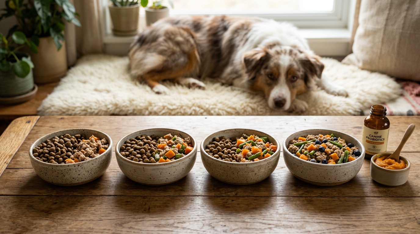 Fresh homemade dog food ingredients including vegetables and meat