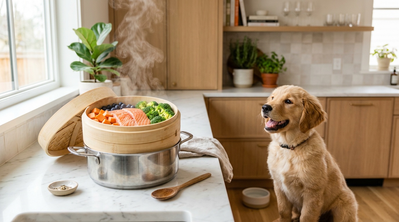 Dog food being prepared in a pan