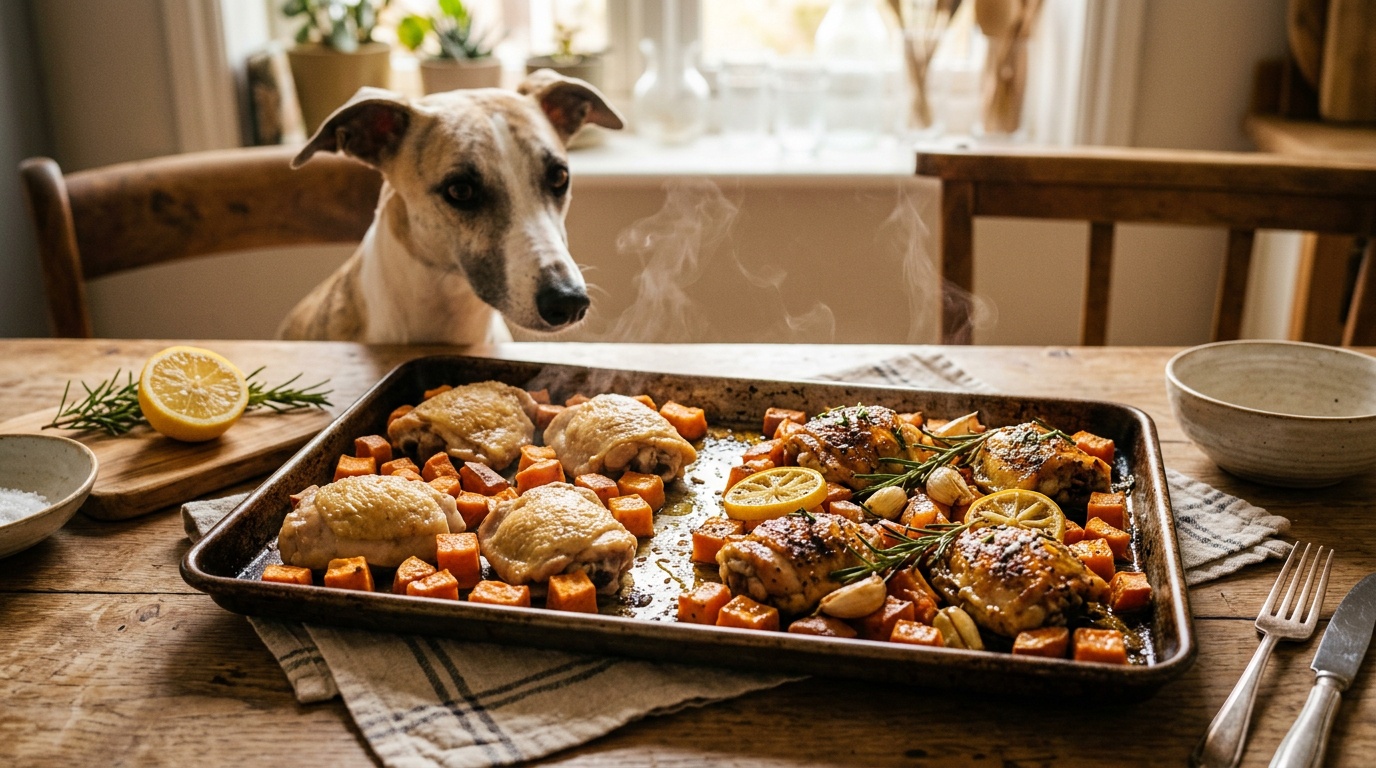 Sheet pan roasted chicken thighs with sweet potato and broccoli