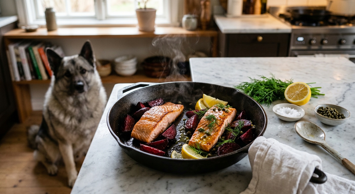 Pan-seared salmon fillet with herbs and beets
