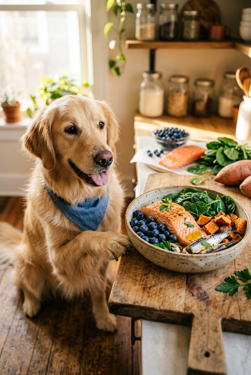 Golden Retriever ready for homemade salmon bowl dog food