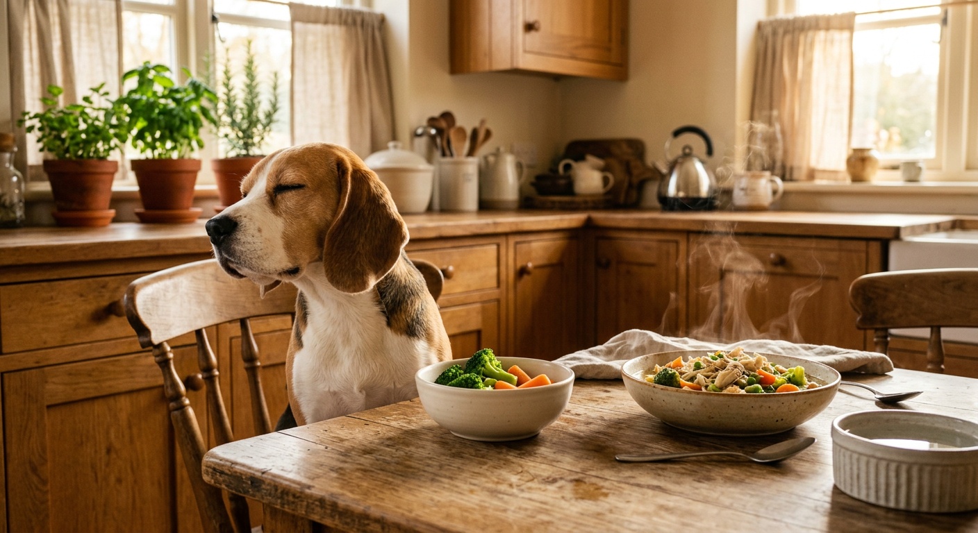 Picky dog looking at vegetable bowl