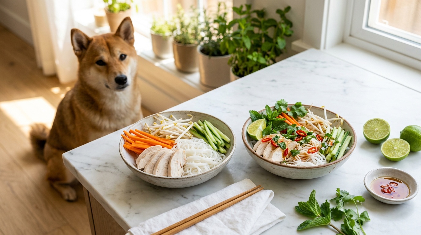 Vietnamese chicken noodle bowl with fresh vegetables