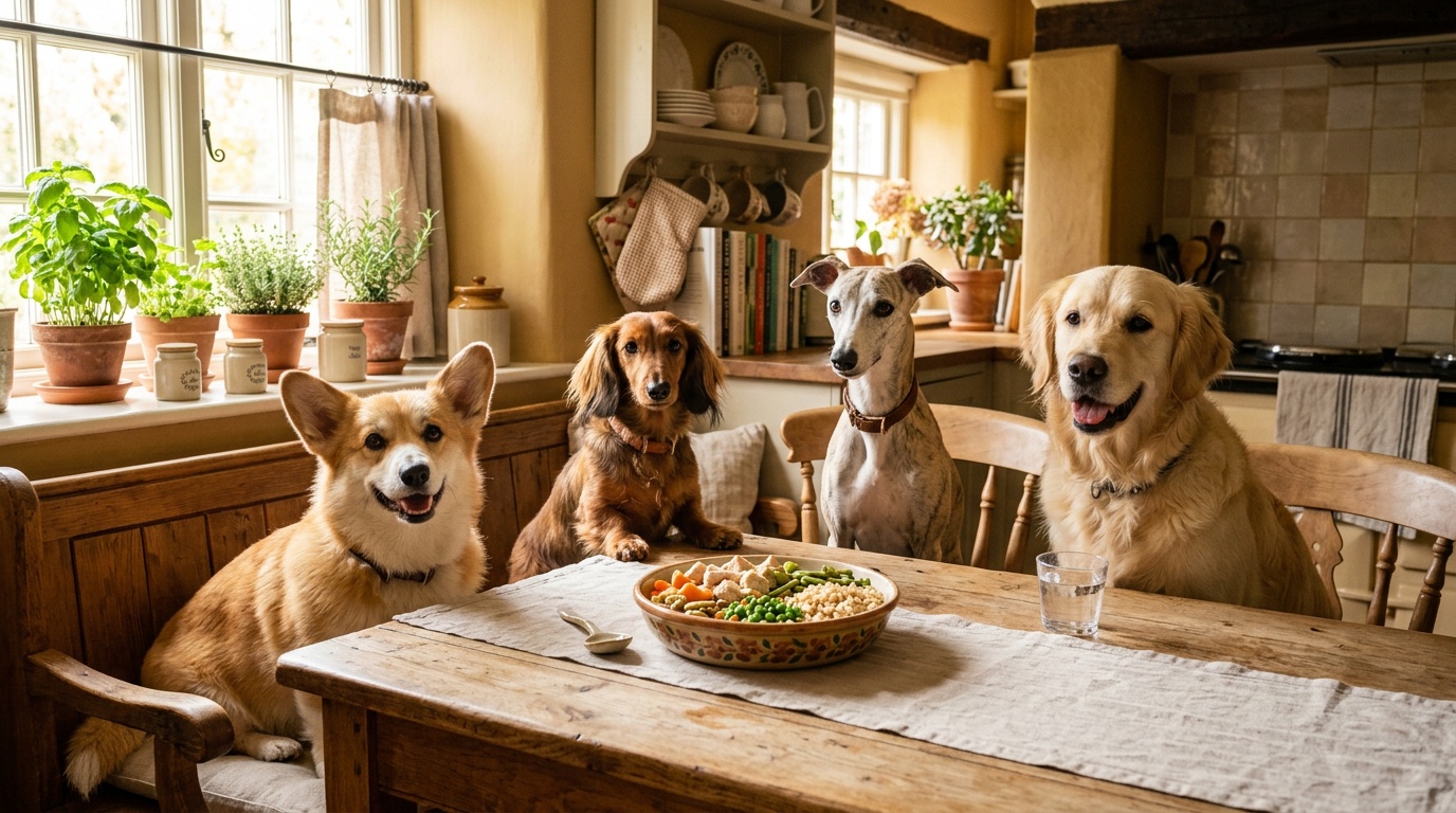 Dog eating from a bowl of fresh homemade food