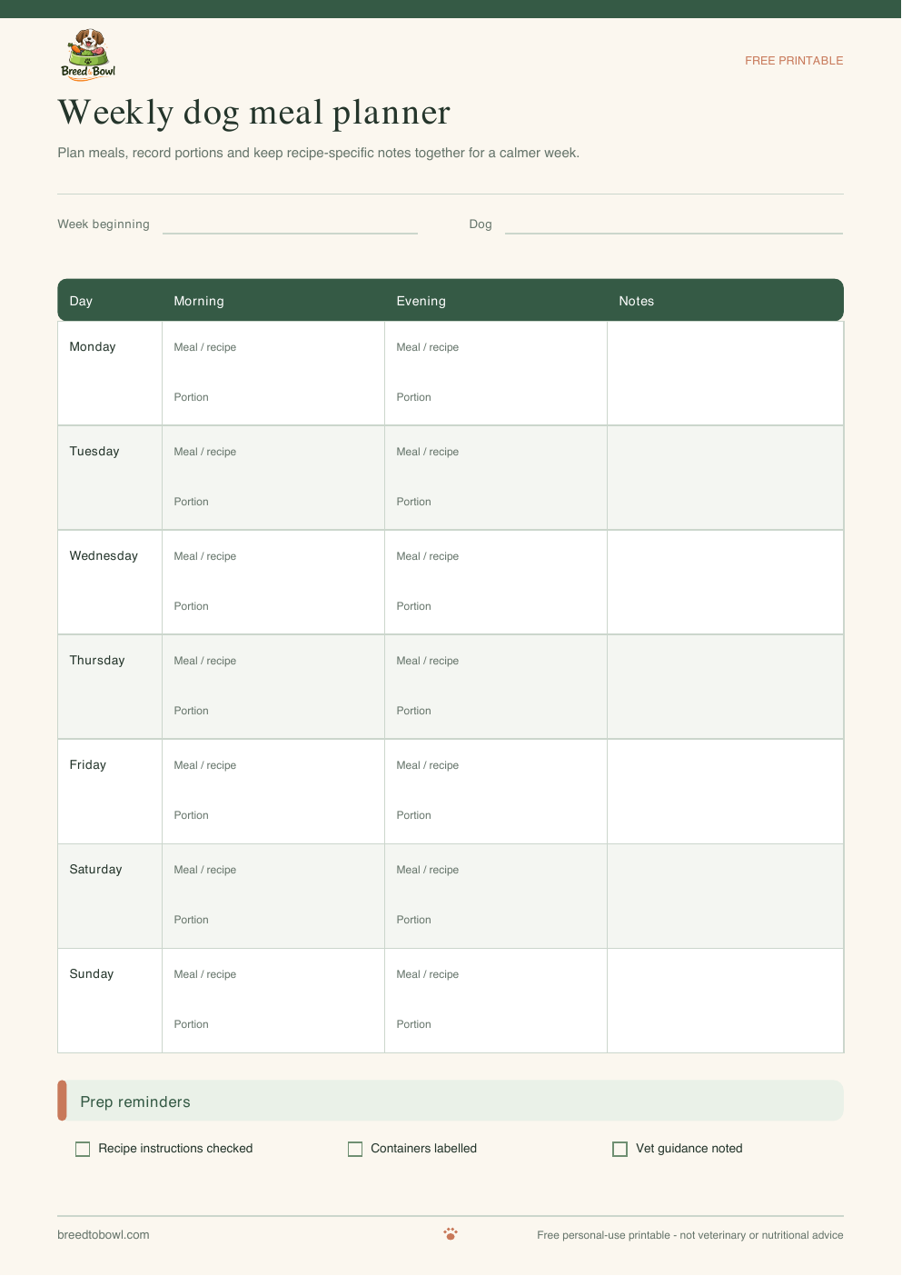 Weekly Dog Meal Planner preview