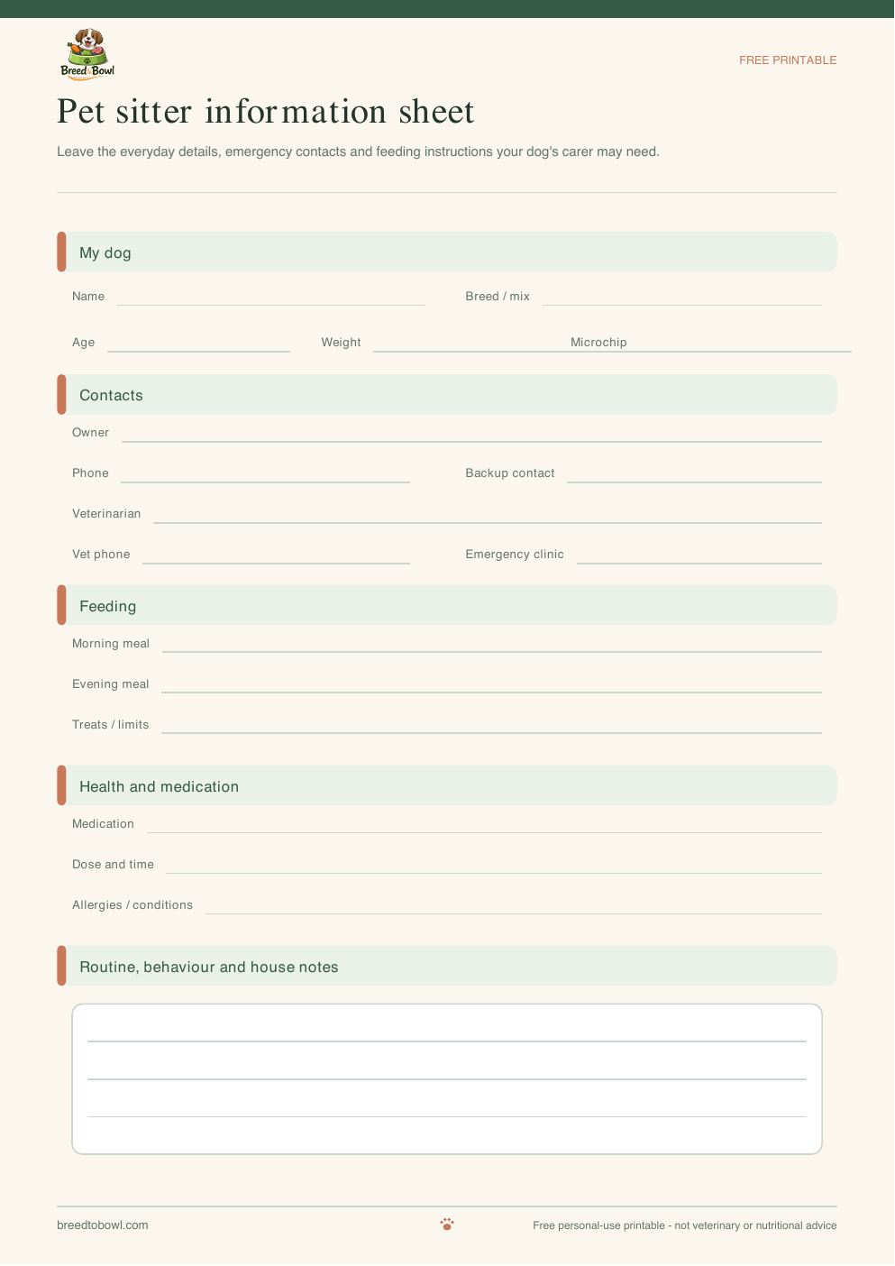 Pet Sitter Information Sheet preview