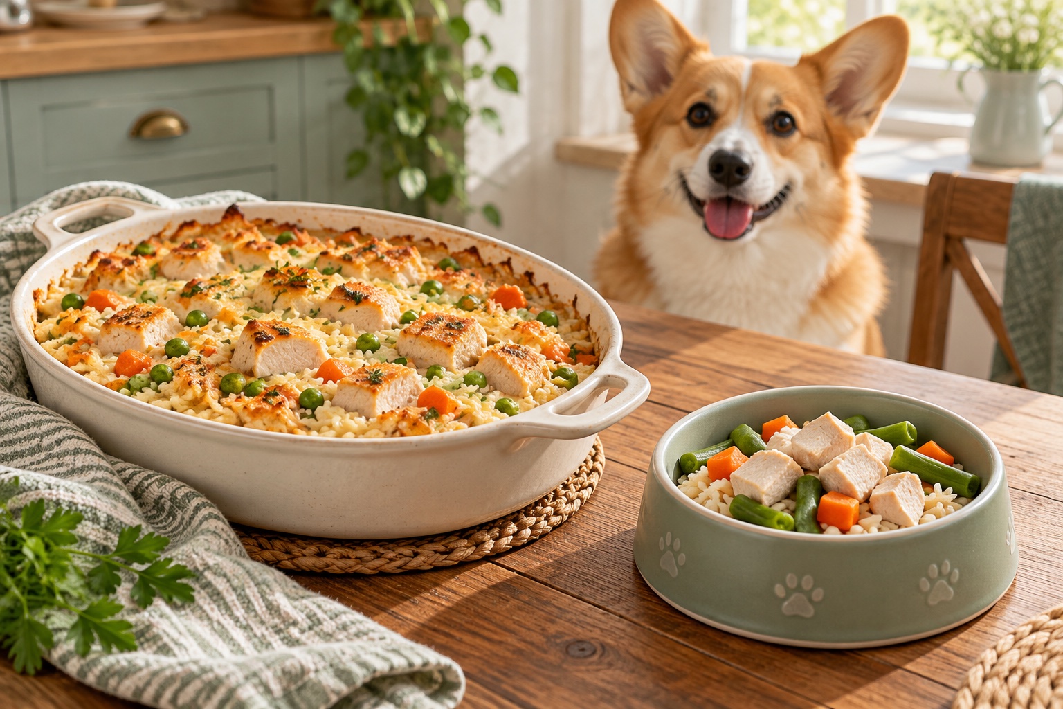 Golden chicken and rice casserole beside a separate plain chicken breast, rice and vegetable bowl for a corgi