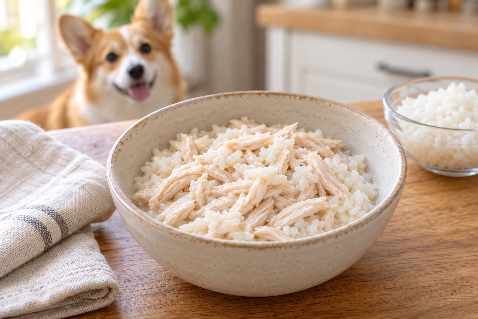 Plain shredded chicken and soft white rice prepared for a dog recovering from stomach upset