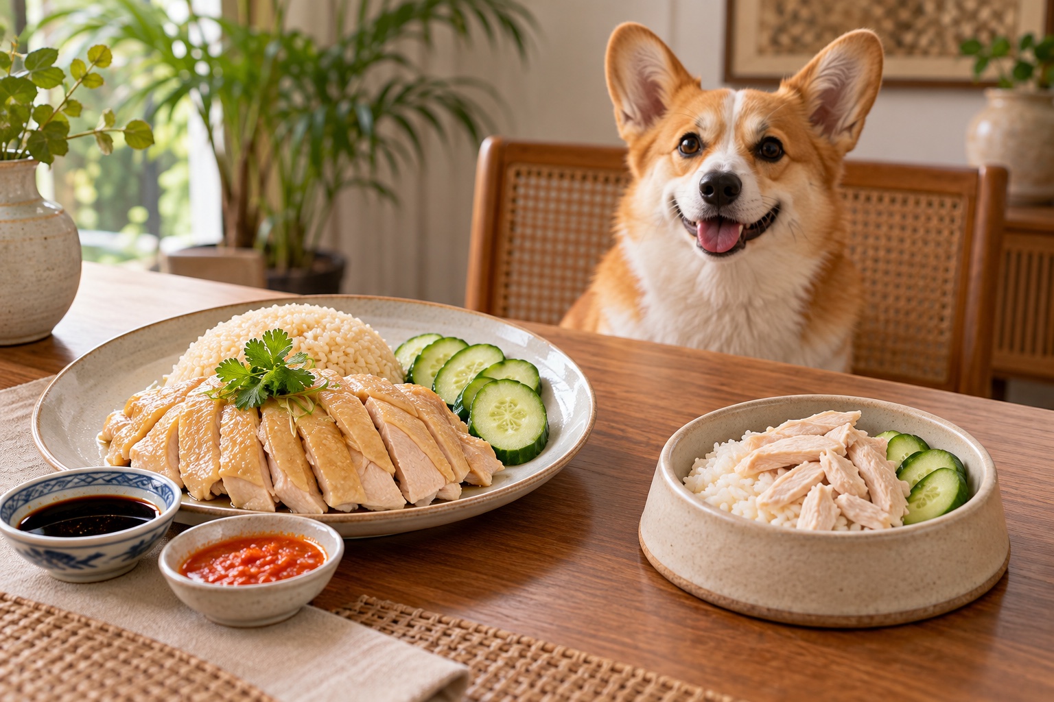 Hainanese chicken rice for a person beside a separate plain chicken, rice and cucumber bowl for a corgi