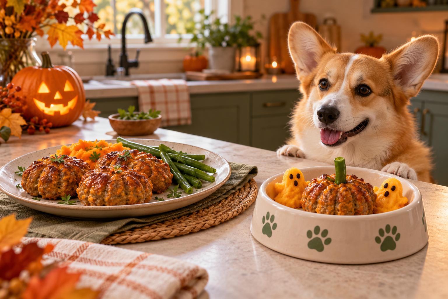 Halloween turkey and pumpkin mini meatloaves served separately for people and a Pembroke Welsh Corgi