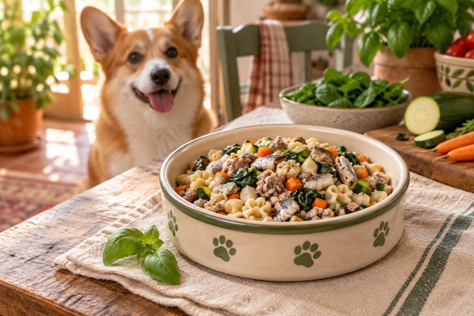 Italian-inspired turkey pasta with vegetables and sardines for a dog