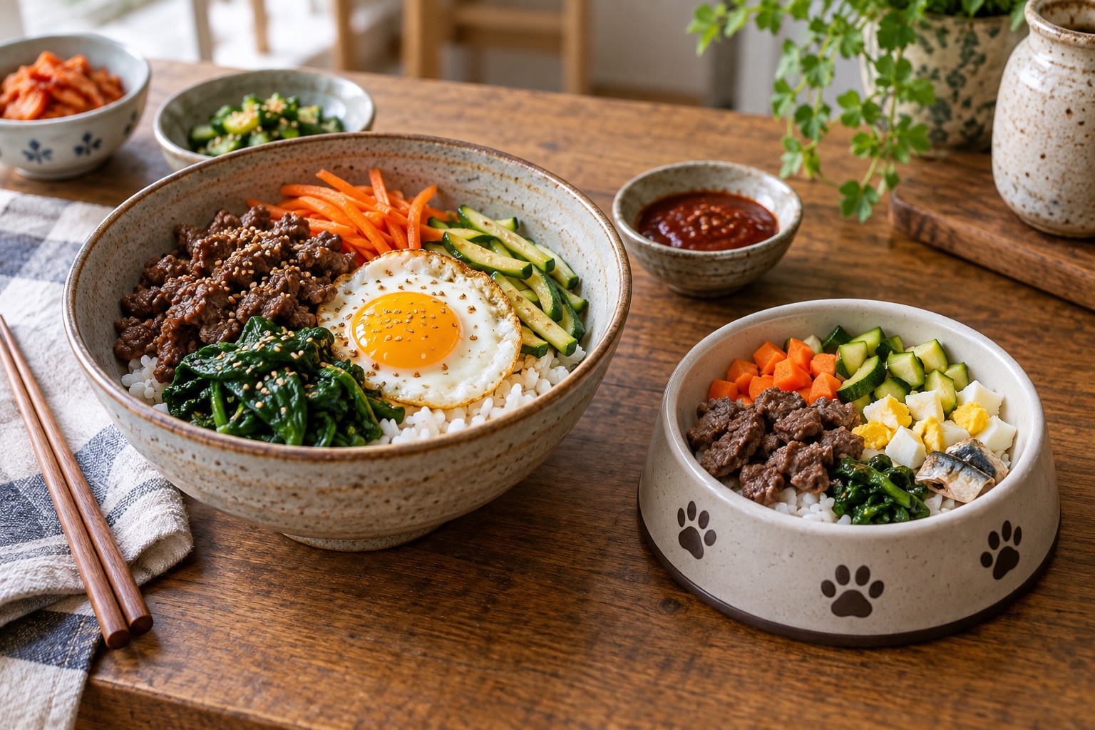 Human Korean beef bibimbap beside a separate plain dog-safe beef and rice bowl
