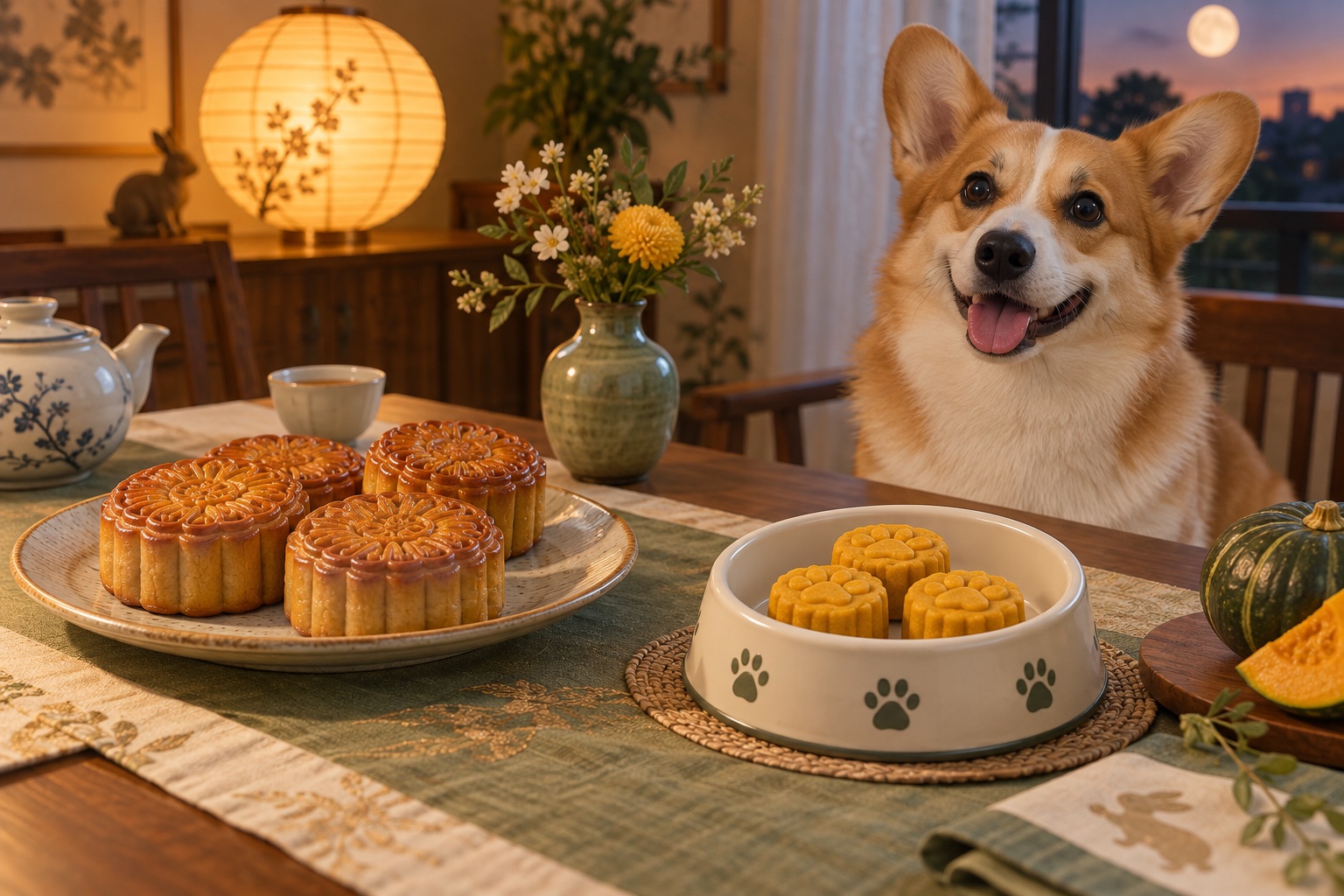 Traditional mooncakes beside separate savoury pumpkin mini mooncakes for a corgi