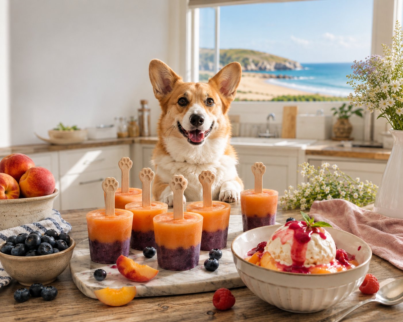 Fresh ripe peaches and blueberries for dog-safe frozen treats