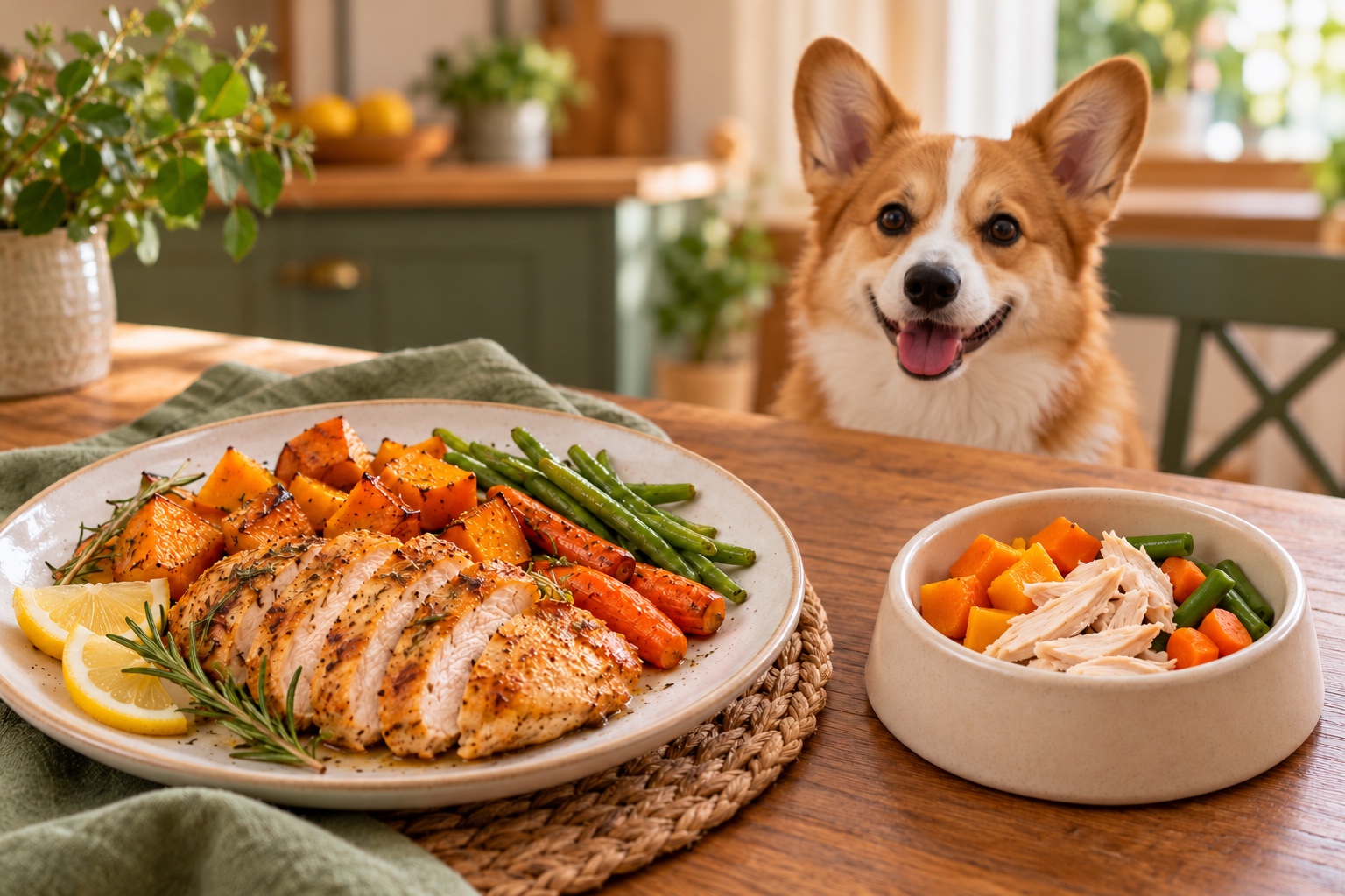 Roast chicken dinner for people beside a separate plain chicken and vegetable bowl for a dog