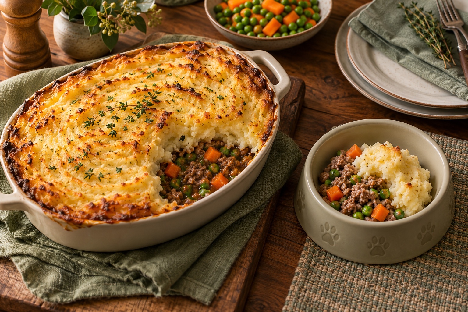 Traditional lamb shepherd's pie beside a separate plain dog-safe lamb and potato bowl