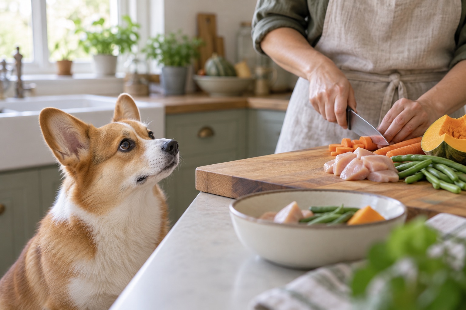 Corgi watching its owner prepare plain chicken and vegetables in a home kitchen